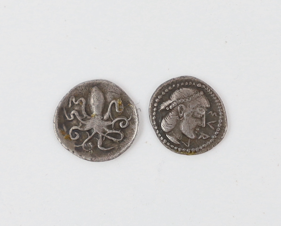 Sicily, Syracuse, two AR Litra, Second Democracy, 466-460 BC. Head of Arethusa right, rev. Octopus (2)